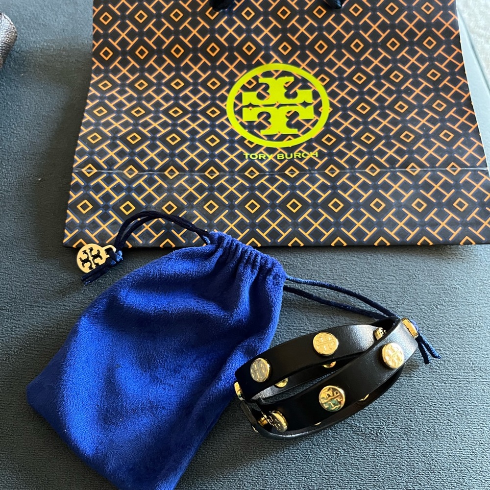 Tory Burch double wrap leather logo stud bracelet + BONUS cleaning bag and tote